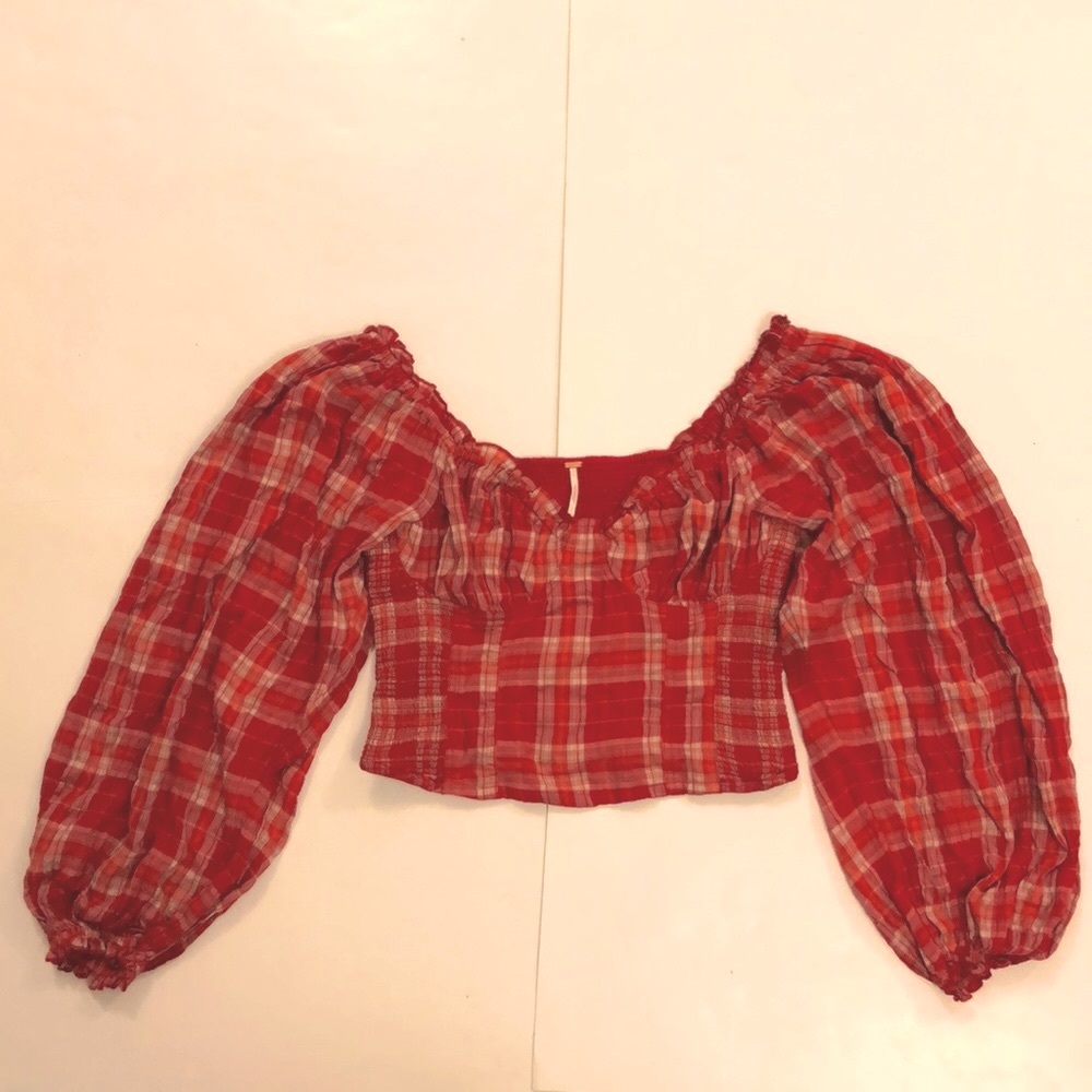 Free People L Top Red Plaid Ruffle Bustier Smocking Very Stretchy Excellent